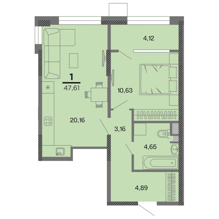 1-комнатная, 47.61 м² — изображение 1