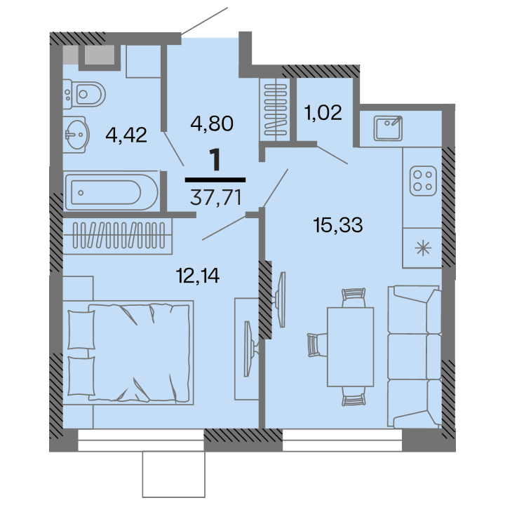 1-комнатная, 37.71 м² — изображение 1