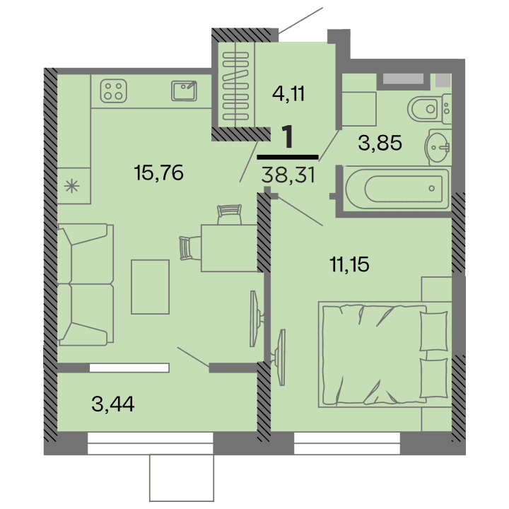 1-комнатная, 38.31 м² — изображение 1