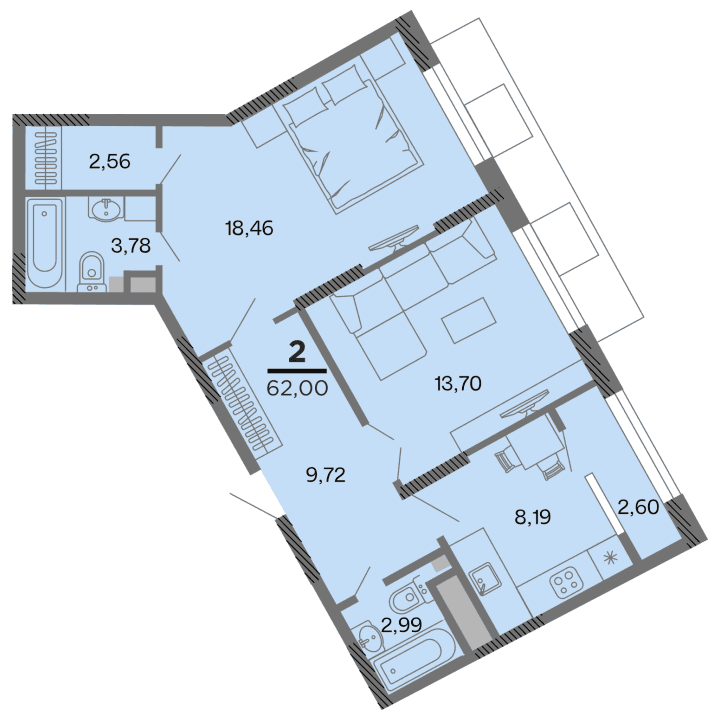 2-комнатная, 62 м² — изображение 1