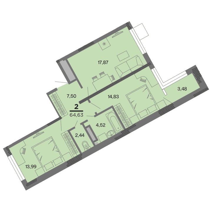 2-комнатная, 64.63 м² — изображение 1