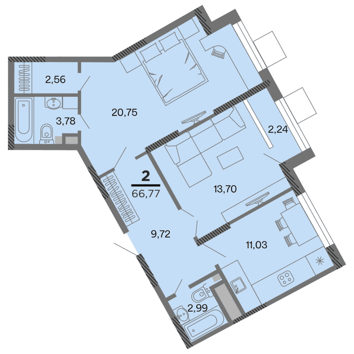 2-комнатная, 66.77 м² — изображение 1