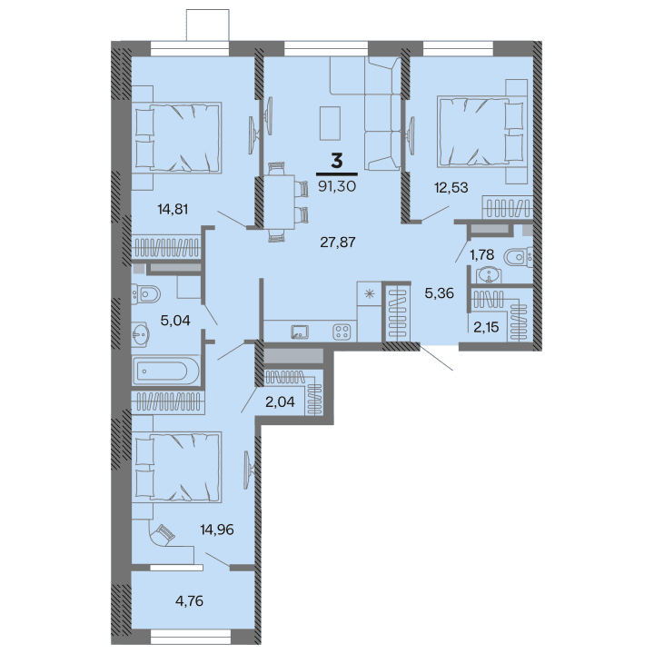 3-комнатная, 91.3 м² — изображение 1