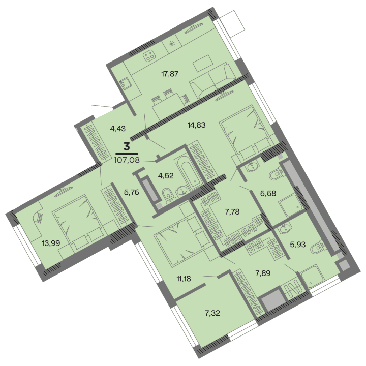 3-комнатная, 107.08 м² — изображение 1