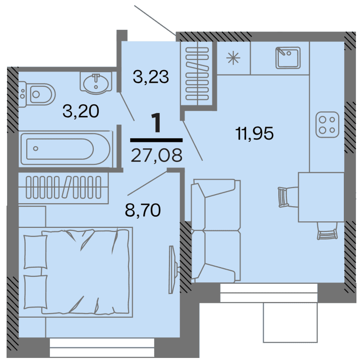 1-комнатная, 27.08 м² — изображение 1