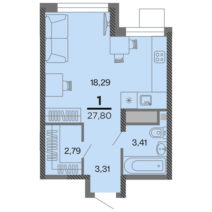 1-комнатная, 27.8 м² — изображение 1