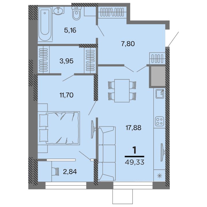 1-комнатная, 49.33 м² — изображение 1