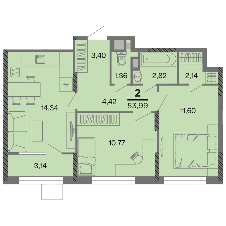 2-комнатная, 53.99 м² — изображение 1