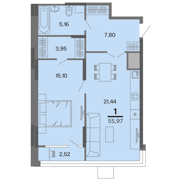 1-комнатная, 55.97 м² — изображение 1