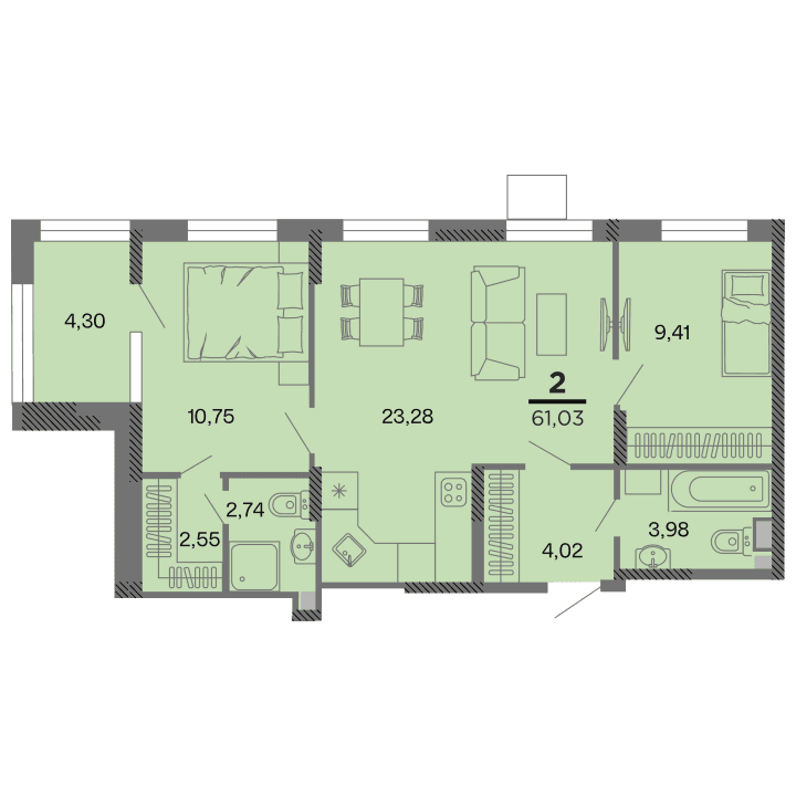 2-комнатная, 61.03 м² — изображение 1