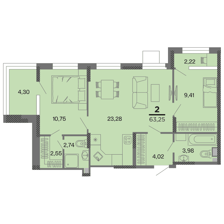 2-комнатная, 63.25 м² — изображение 1