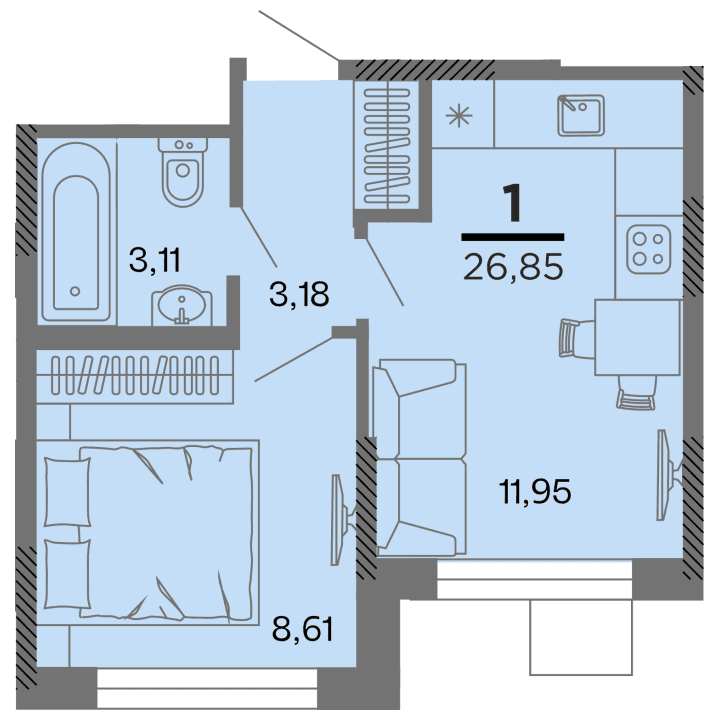 1-комнатная, 26.85 м² — изображение 1