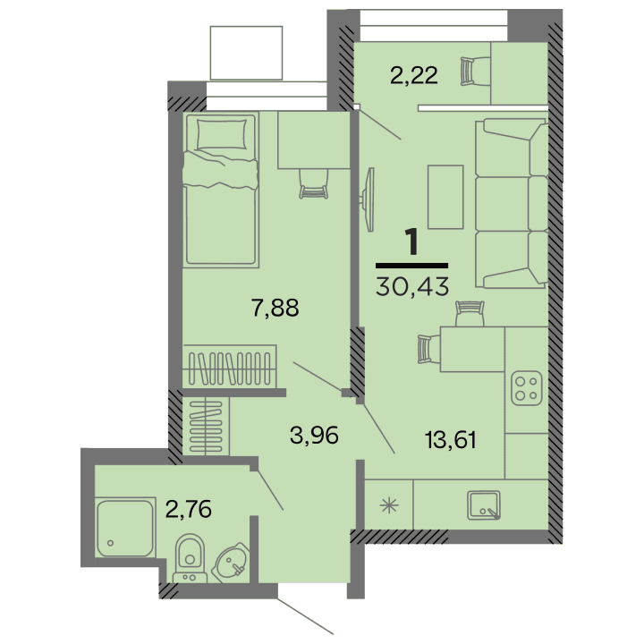 1-комнатная, 30.43 м² — изображение 1