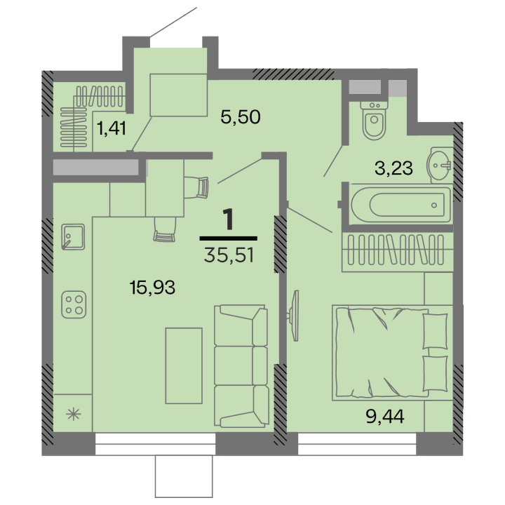 1-комнатная, 35.51 м² — изображение 1