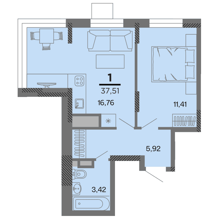 1-комнатная, 37.51 м² — изображение 1