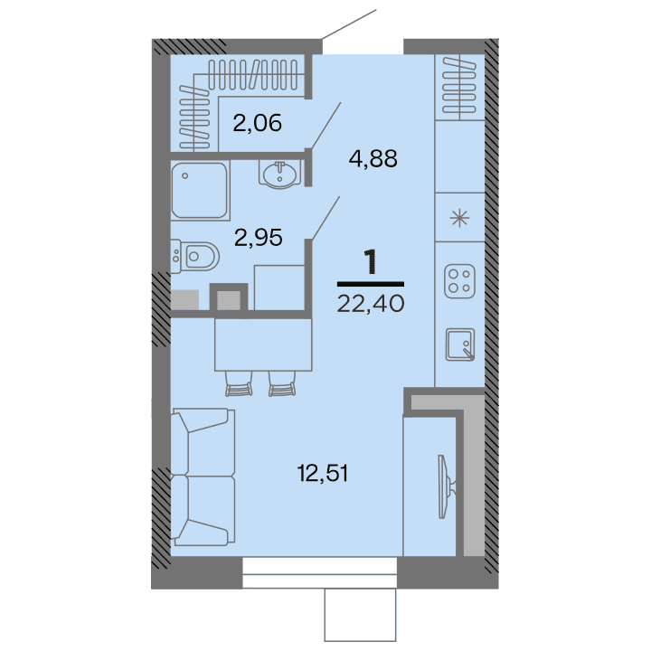 1-комнатная, 22.4 м² — изображение 1
