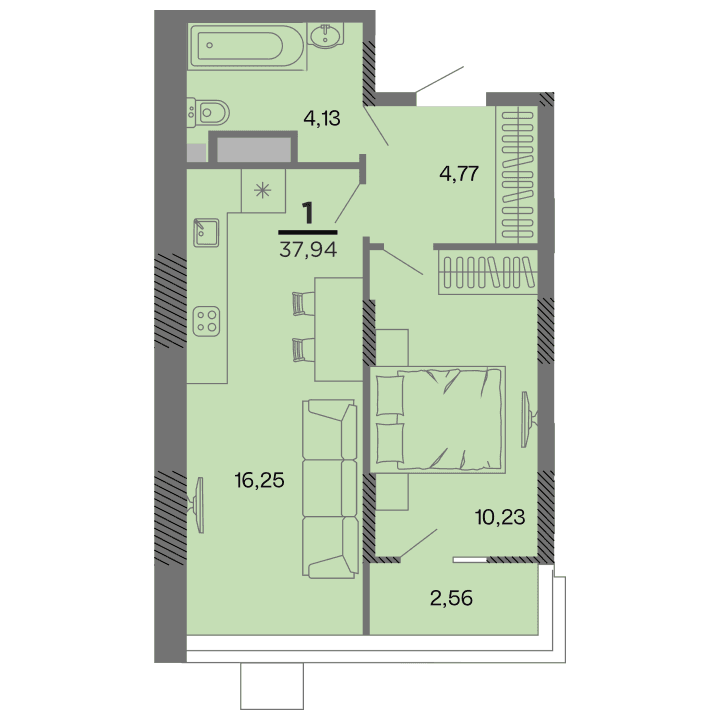 1-комнатная, 37.94 м² — изображение 1