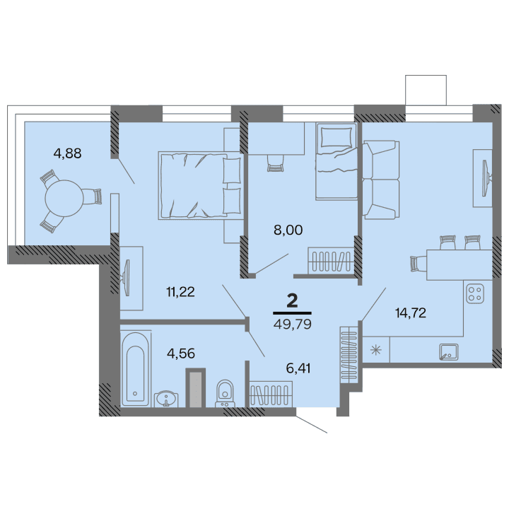 2-комнатная, 49.79 м² — изображение 1