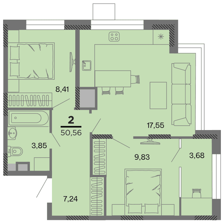 2-комнатная, 50.56 м² — изображение 1