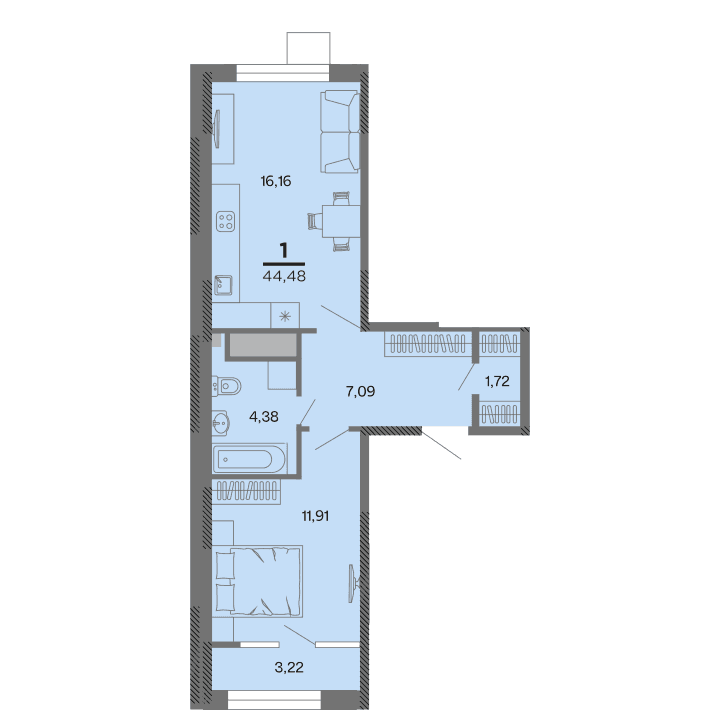 1-комнатная, 44.48 м² — изображение 1