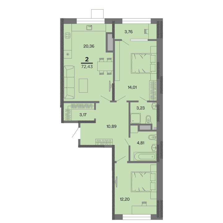 2-комнатная, 72.43 м² — изображение 1