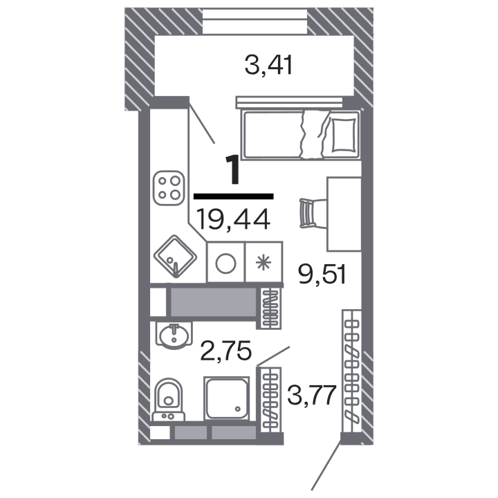 1-комнатная, 19.44 м² — изображение 1