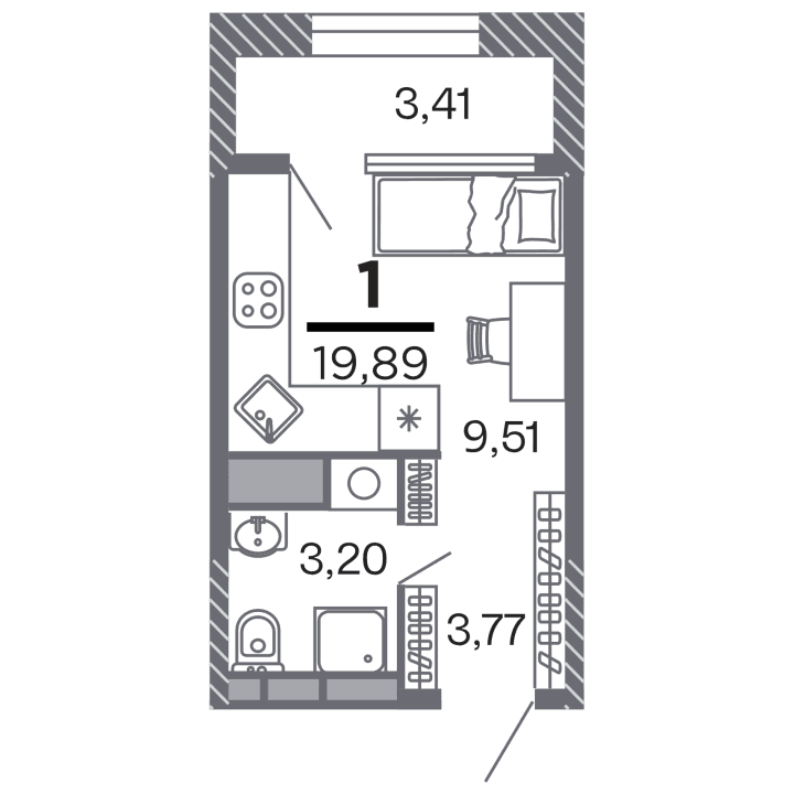 1-комнатная, 19.89 м² — изображение 1