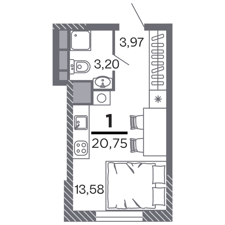 1-комнатная, 20.75 м² — изображение 1
