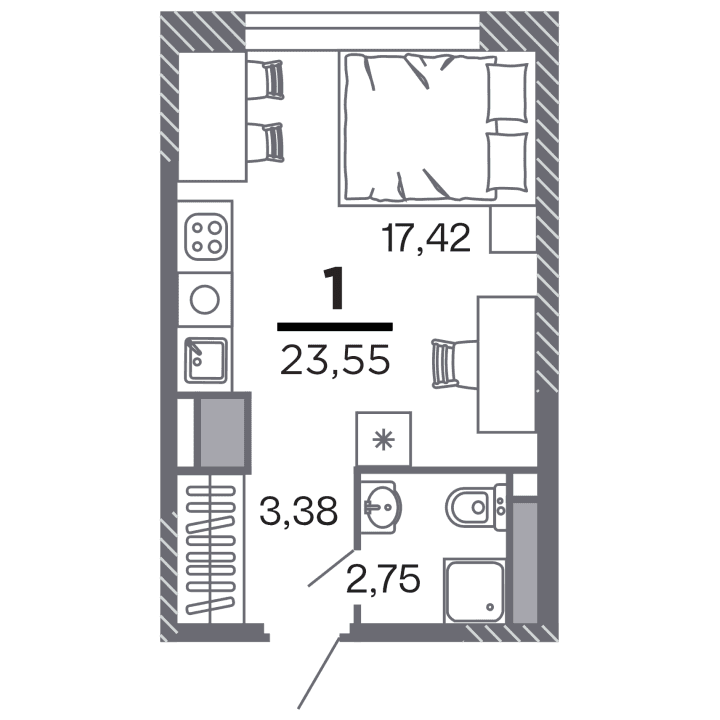 1-комнатная, 23.55 м² — изображение 1