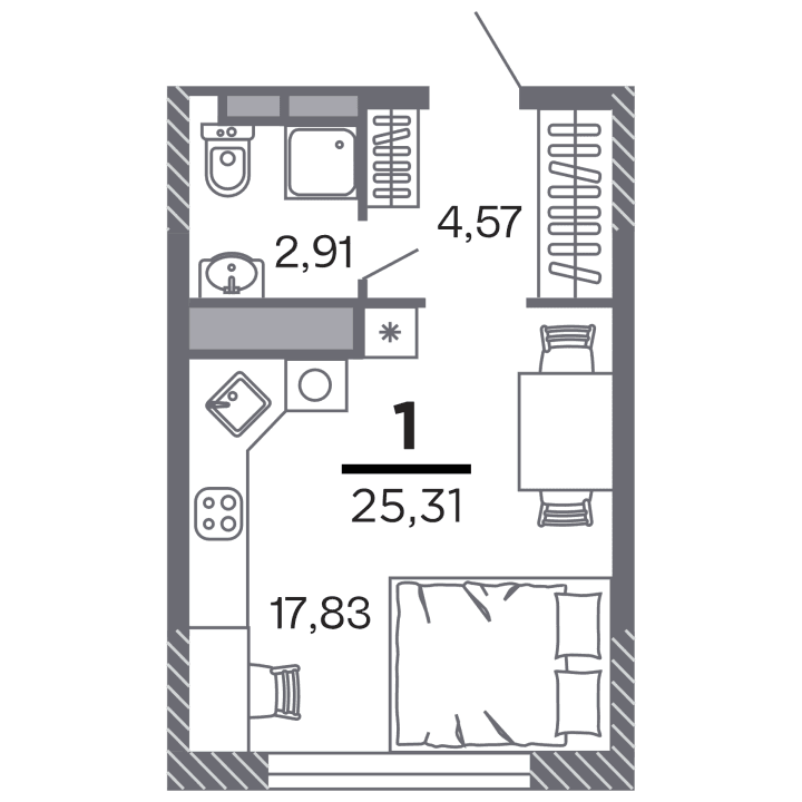 1-комнатная, 25.31 м² — изображение 1
