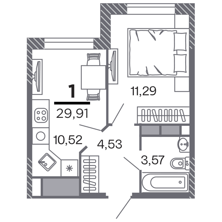 1-комнатная, 29.91 м² — изображение 1