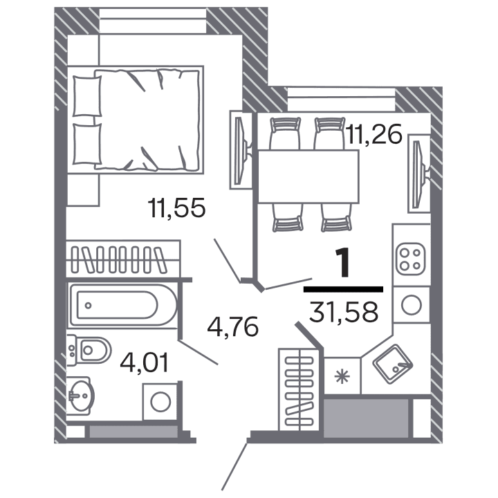 1-комнатная, 31.58 м² — изображение 1