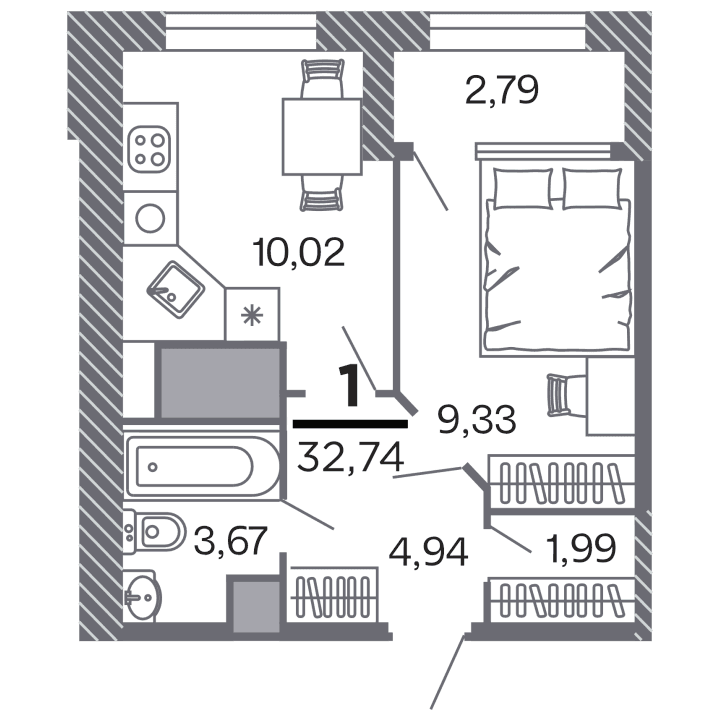 1-комнатная, 32.74 м² — изображение 1
