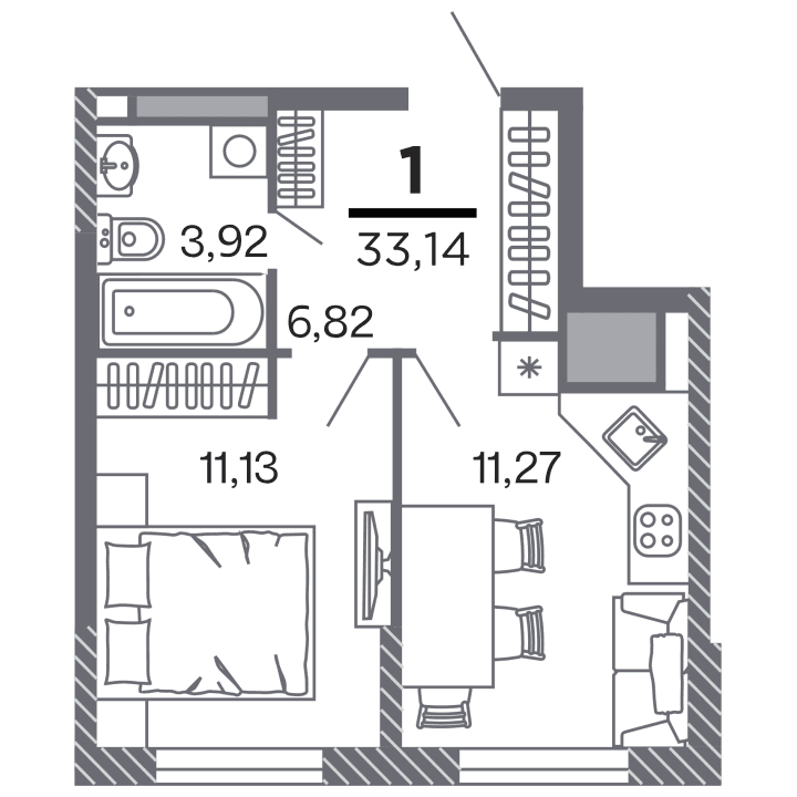 1-комнатная, 33.14 м² — изображение 1