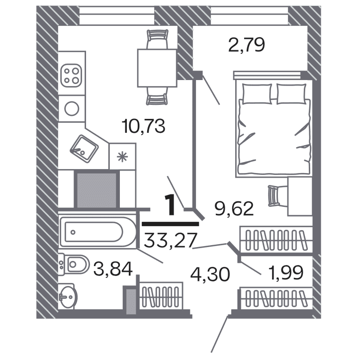 1-комнатная, 33.27 м² — изображение 1