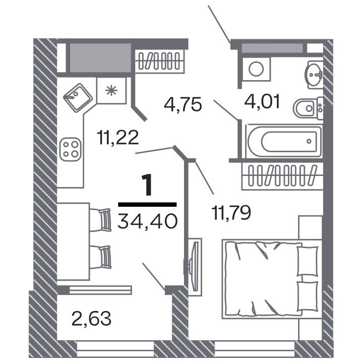 1-комнатная, 34.4 м² — изображение 1