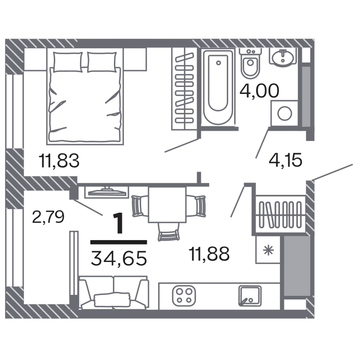 1-комнатная, 34.65 м² — изображение 1