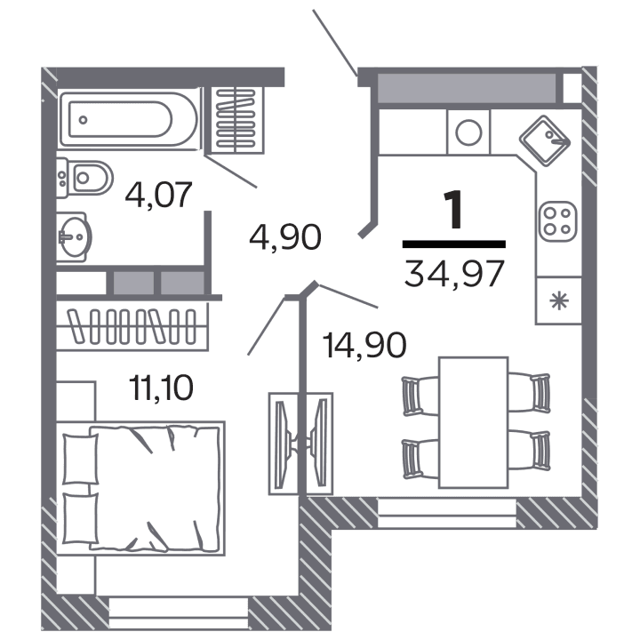 1-комнатная, 34.97 м² — изображение 1