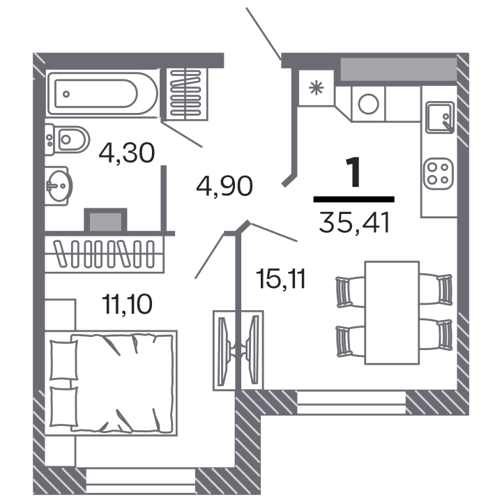 1-комнатная, 35.41 м² — изображение 1