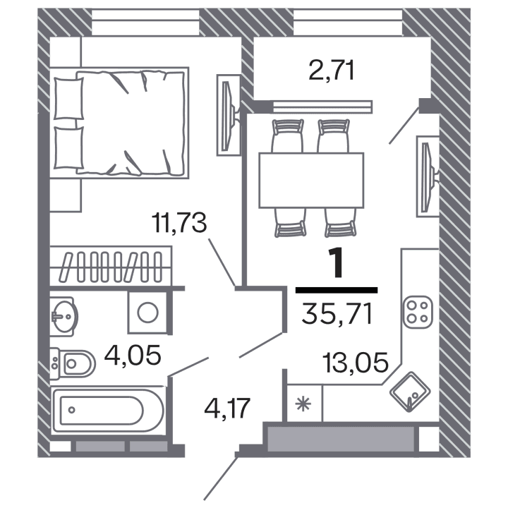 1-комнатная, 35.71 м² — изображение 1