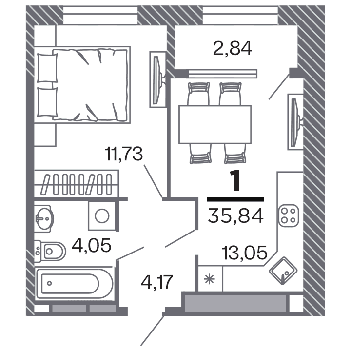 1-комнатная, 35.84 м² — изображение 1