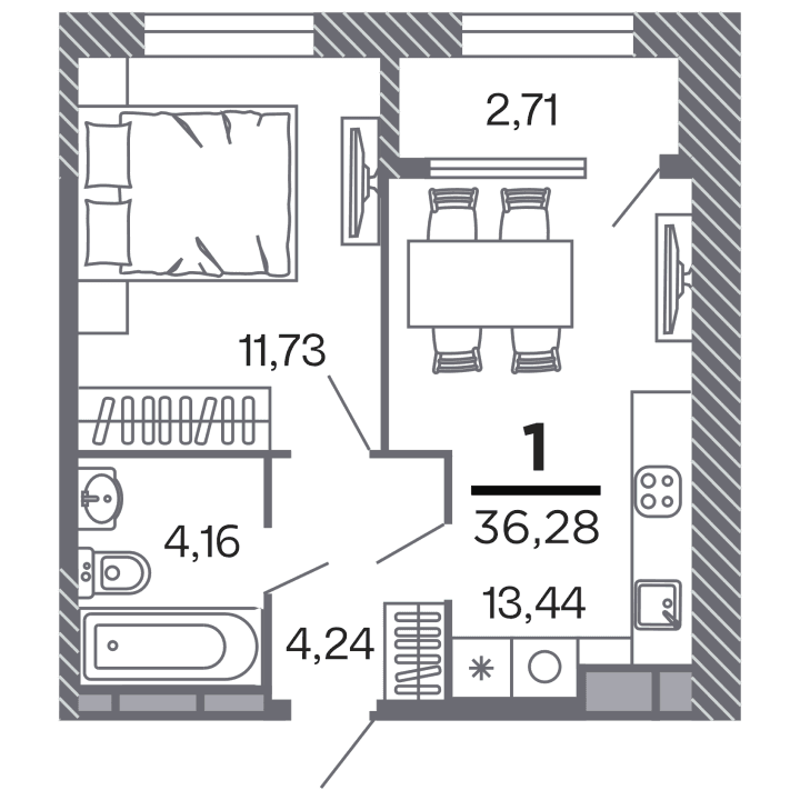 1-комнатная, 36.28 м² — изображение 1