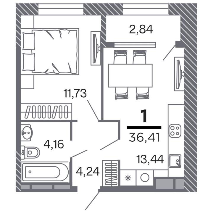 1-комнатная, 36.41 м² — изображение 1