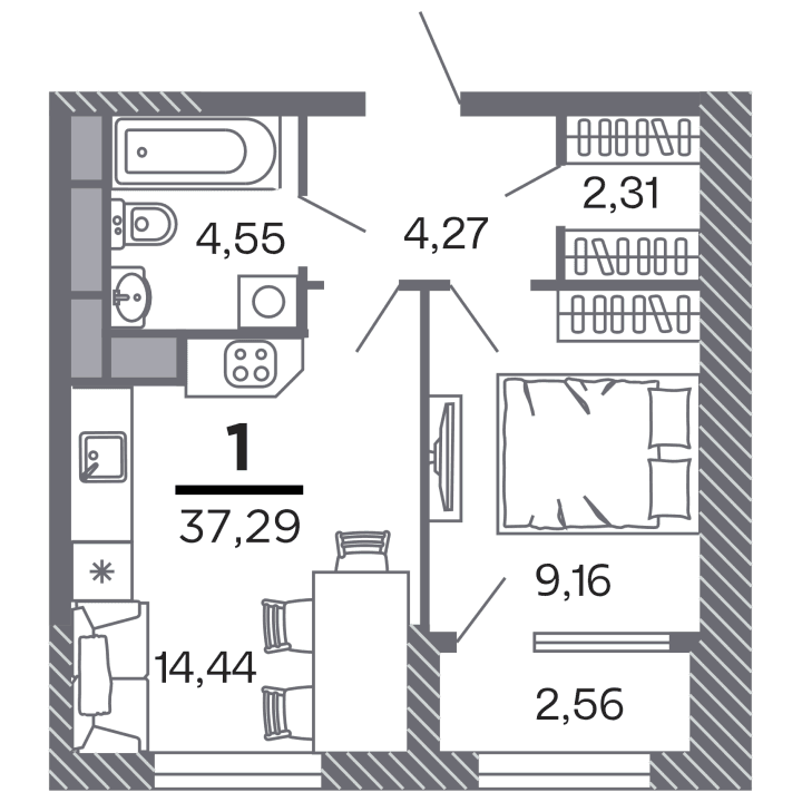 1-комнатная, 37.29 м² — изображение 1