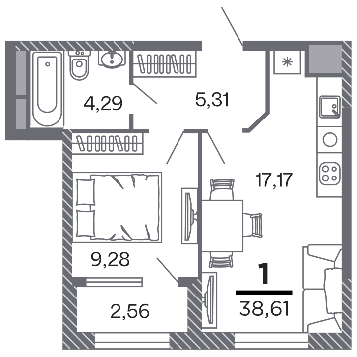 1-комнатная, 38.61 м² — изображение 1