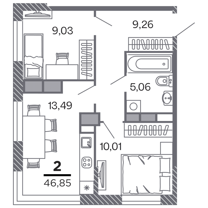2-комнатная, 46.85 м² — изображение 1