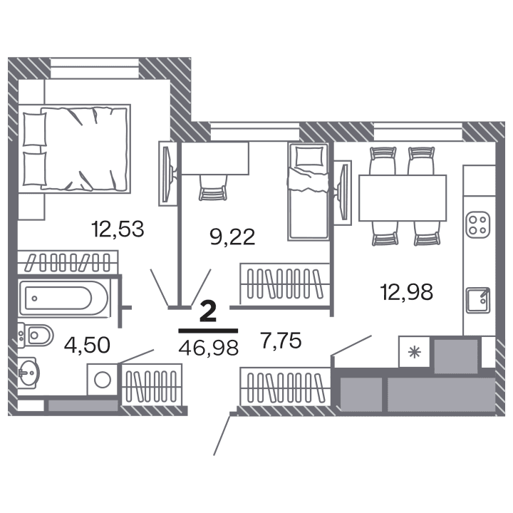 2-комнатная, 46.98 м² — изображение 1