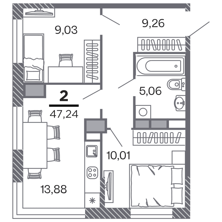 2-комнатная, 47.24 м² — изображение 1