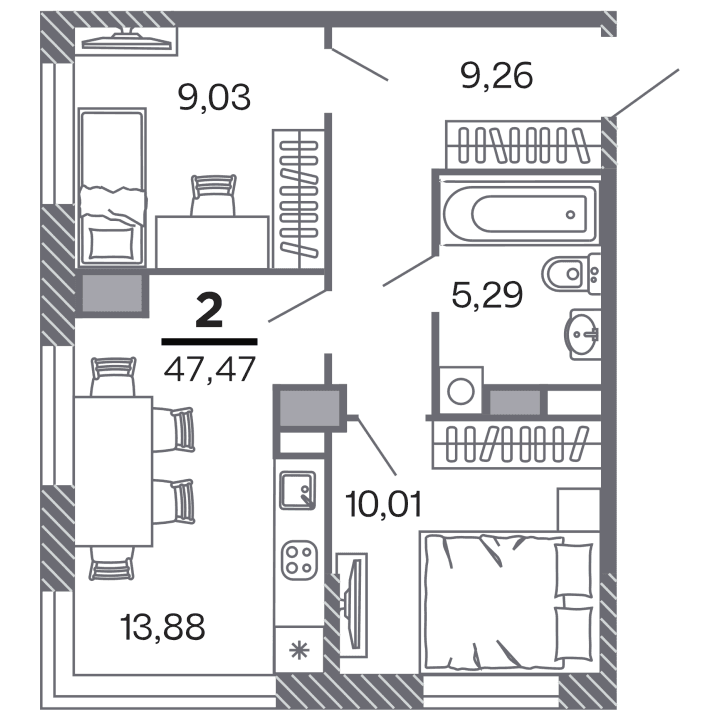 2-комнатная, 47.47 м² — изображение 1