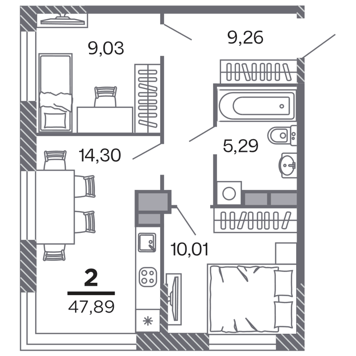 2-комнатная, 47.89 м² — изображение 1